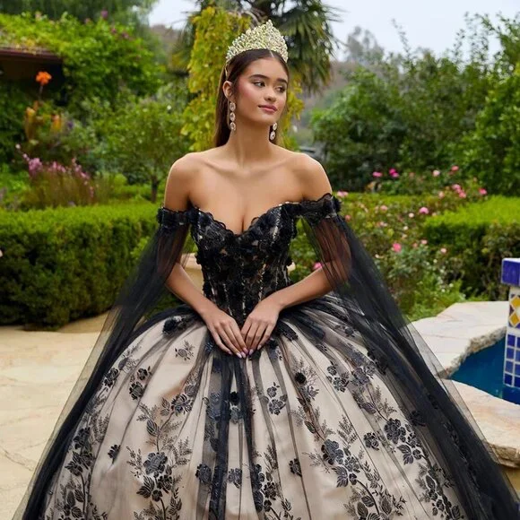 New Black-Champagne Quinceanera Gown w/ Floral Applique Lace Up Corset GL3500 - Picture 8 of 12